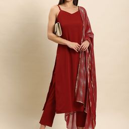 Janasya Women Maroon Kurta with Trousers & With Dupatta-41