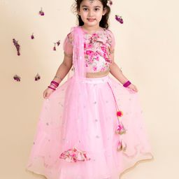 Pspeaches Puffed Sleeves Floral Print Ruched Detail Choli And Embellished Lehenga With Dupatta - Pink-image-31