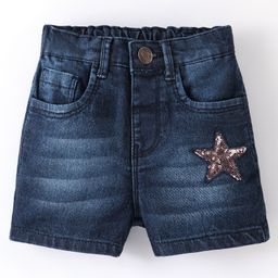 Babyhug Cotton Mid Thigh Length Washed Stretchable Denim Shorts Sequins Detailing - Blue-image-70