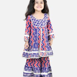 BownBee Pure Cotton Full Sleeves Cheveron  Printed Kurta With Sharara  - Purple-image-88