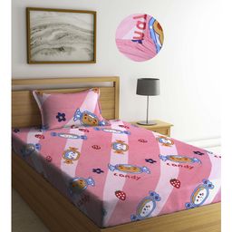Arrabi Pink Cartoon TC Cotton Blend Single Size Fitted Bedsheet with 1 Pillow Cover-image-69