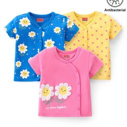 Babyhug 100% Cotton Knit Half Sleeves  Anti Bacterial Front Open Set of  Vests Floral Print Pack of 3 - Multicolour-picture-22