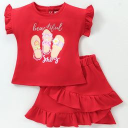 ToffyHouse Frill Sleeves T-Shirt & Skirt With Sandals Print - Red-picture-13