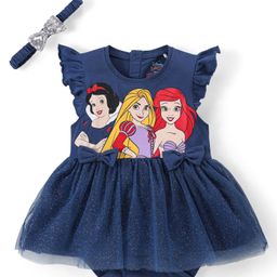 Babyhug Disney Interlock Knit Frill Sleeves Frock Style Onesie with Bow & Head Band Disney Princess Graphics - Navy Blue-image-25