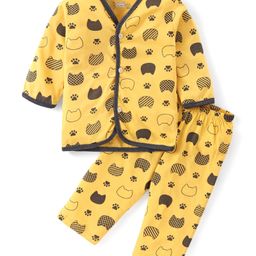 OHMS Single Jersey Knit Full Sleeves Night Suit with Paw Print - Yellow-25