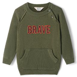 Bonfino Cotton Knitted Full Sleeves Pullover Sweater With Text Embroidery & Kangaroo Pockets - Olive Green-image-57