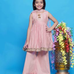 Little Bansi Sleeveless Boota Lace & Tassel Work Embellished Kurta With Palazzo Dupatta - Pink-picture-6