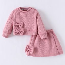 Kookie Kids Full Sleeves Winter Wear Textured Top & Skirt Set with Bow Applique - Pink-image-45