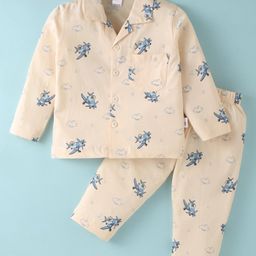 Teddy Sinker Knit Full Sleeves Night Suit With Plane Print - Beige-image-53