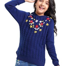 Pine Kids Full Sleeves Pull Over Sweater with Floral Embroidery - Navy Blue-image-94