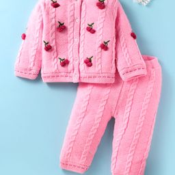 Yellow Apple Full Sleeves Sweater Set With Cherry Embroidery & Applique & Hairband - Pink-image-59