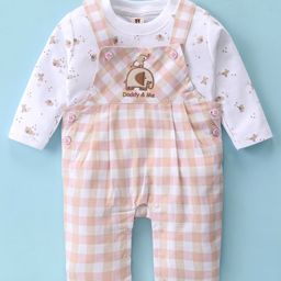 ToffyHouseKnit Full Sleeves T-Shirt & Dungaree Style Romper with Animal Print & Embroidery - Pink & White-image-89