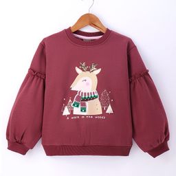 Little Kangaroos Knit Drop Shoulder Full Sleeves Sweatshirt with Reindeer Design - Wine-image-47