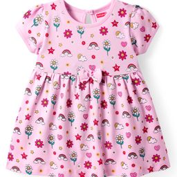 Babyhug Interlock Knit Half Sleeves Frock with Floral Print & Bow Applique - Pink-image-41
