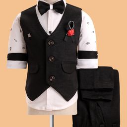 Rikidoos Full Sleeves Abstract Printed Shirt With Waistcoat Pant & Bow Set - Black & White-image-16