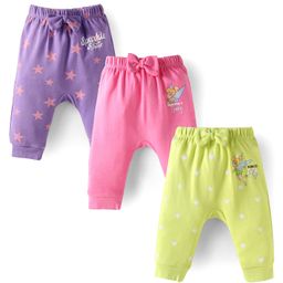 Babyhug Disney Interlock Knit Full Length Star & Tinkerbell Printed Diaper Leggings Pack of 3 - Purple Light Green & Pink-image-112