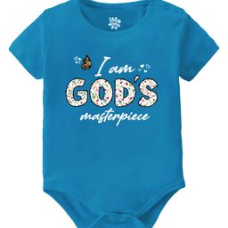 Baby Buzz 100% Cotton Half Sleeves I Am Gods Masterpiece Text Printed Onesie - Blue-image-77