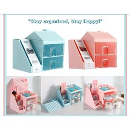 Sanjary House Design Desk Organizer with Drawer Desktop Office Stationery Storage Box color design may vary-6