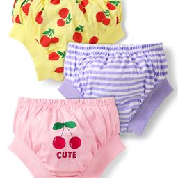 Doodle Poodle Single Jersey Knit Bloomers With Stripes & Cherry Print Pack Of 3 - Purple Yellow & Pink-image-89