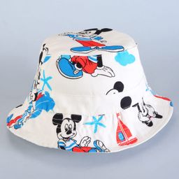 Babyhug Disney Cotton Woven Summer Cap With Mickey Mouse Family Print White - Diameter 16 cm-11