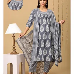 The Mom Store Cotton Three Fourth Sleeves Leaves Printed Maternity Kurta With Nursing Access & Salwar With Foil Printed Dupatta Set - Navy Blue-picture-15