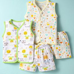 OHMS Single Jersey Knit Front Open Sleeveless Shorts Night Suit With Animal & Geometric Shape Print Pack Of 2 - Lime Green & Cream-image-96