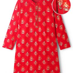 EARTHY TOUCH Full Sleeves Kurta with Floral Glitter Print - Red-picture-30