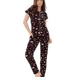 Piu Cotton Knit Half Sleeves Hearts & Stars Printed Coordinating Night Suit Set - Brown-image-37
