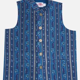 Little Bansi Cotton Woven Sleeveless Floral Printed Nehru Jacket - Blue-image-37