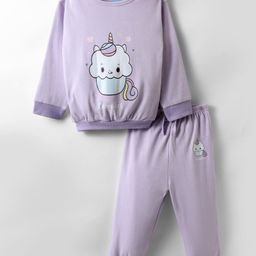 BUMZEE Cotton Knit Full Sleeves Unicorn Theme Printed Sweatshirt & Jogger Set - Lavender-12