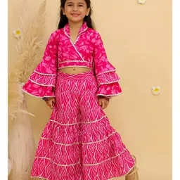 Junitos Pure Cotton Woven Full Sleeves Leaf & Abstract Printed Top Sharara Set - Pink-picture-14