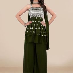 PARROT CREATION Women Embroidered Regular Sequinned Kurti with Sharara & With Dupatta image 2