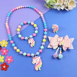 Asthetika Kids Girls Unicorn Beaded Necklace Bracelet & Finger Ring With Hair ClipSet-49