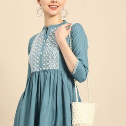 Anouk Women Blue & White Ethnic Motifs Yoke Design Pleated Anarkali Kurta with Trousers-picture-17