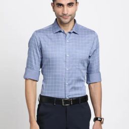 Turtle Light Blue Polyester Stretch Slim Fit Checks Shirt-image-14