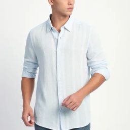 The Bear House Blue Cotton Slim Fit Striped Shirt-image-31