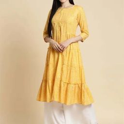 Rangita Yellow Cotton Floral Print A Line Kurta-image-7