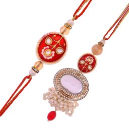 Aapno Rajasthan Red Beads & Pearl Crafted Lumba With Bhaiya Bhabhi Rakhi Set image 3