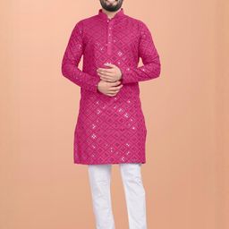 Shree Sundha Men Embroidered, Embellished Straight Kurta (Pink)-4