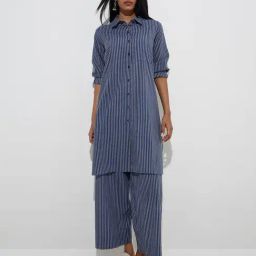 Utsa by Westside Indigo Stripe Printed Cotton A-Line Kurta-image-26