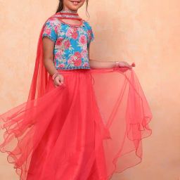 BIBA Girls Blue & Coral Embellished Lehenga, Choli with Dupatta-picture-24