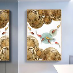 Myntra Elegant Homes White & Gold-Toned Fanned Koi Fish Pond Framed Canvas Wall Art-image-73