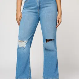 FREAKINS Women Wide Leg High-Rise Slash Knee Heavy Fade Jeans-picture-22