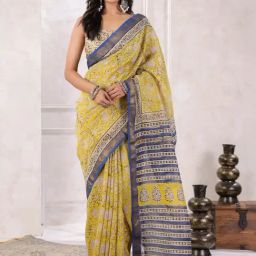 Geroo Jaipur Yelllow Hand Block Printed Floral Chanderi Saree-picture-30
