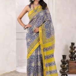 Geroo Jaipur Blue Hand Block Printed Floral Chanderi Saree-image-2