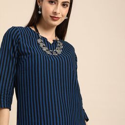 Anouk Women Navy Blue & Black Striped Pure Cotton Regular Kurta with Trousers-image-24
