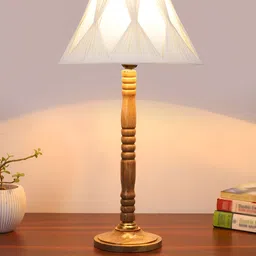Devansh Off White and Brown Textured Wooden Frusturical Shaped Table Lamp image 5
