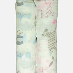 Kindermum Organic Cotton Muslin Swaddle Set of 2 - Jungle safari And Tiny Animals - White-image-1
