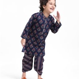 Babyhug 100% Cotton Full Sleeves Floral Print Kurta Dhoti Set - Navy Blue-image-62