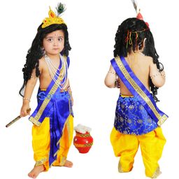 Sarvda Janmashtami Theme Silk Floral Swirl Sequin & Gota Lace Embellished Krishna Costume Kit - Blue & Yellow-image-65